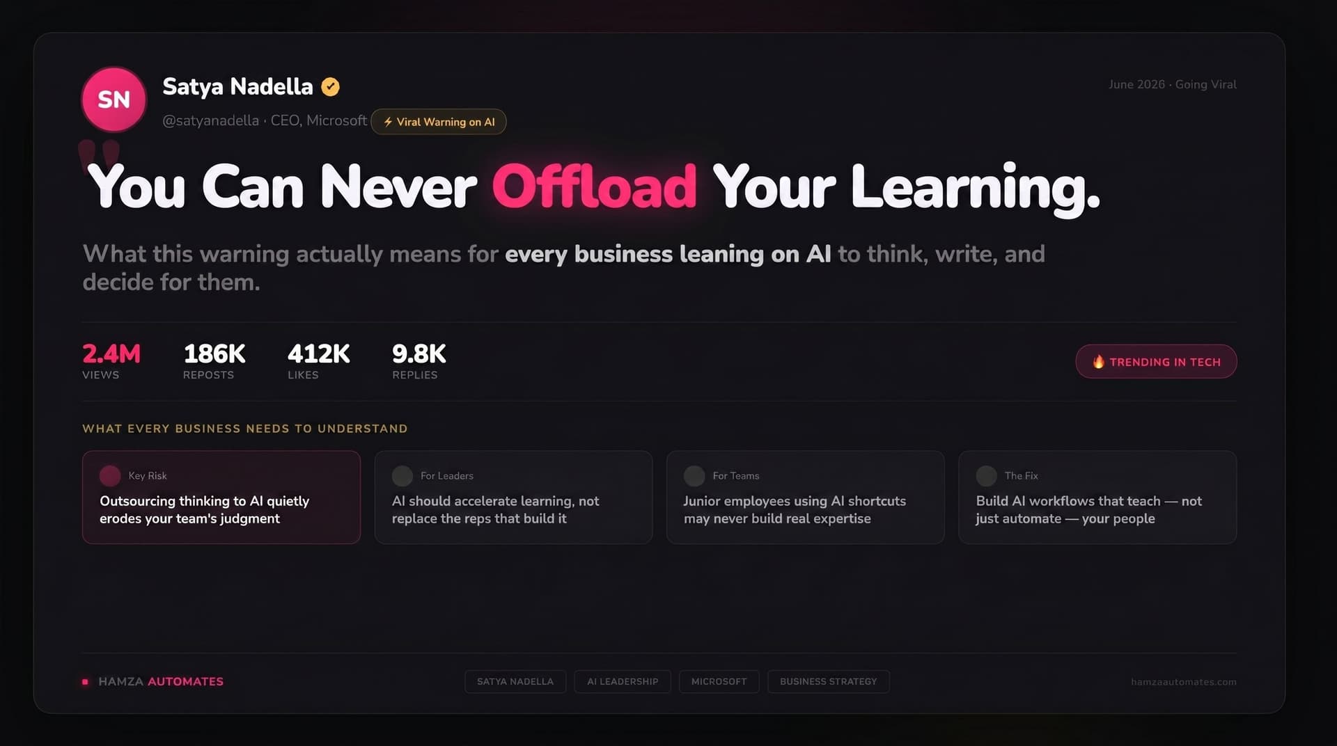 Satya Nadella’s Viral Warning: “You Can Never Offload Your Learning” — What It Means for Every Business Using AI